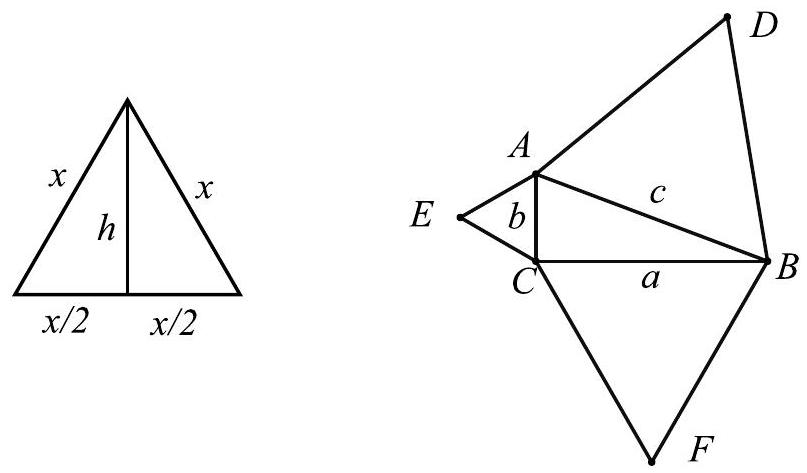 Two diagrams. Left: An equilateral triangle with side length x and altitude h bisecting the base. Right: A right triangle ABC with an equilateral triangle constructed on each of its three sides.